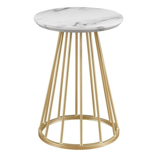 16" Modern Wood Side Table with Metal Caged Base - White Marble / Gold