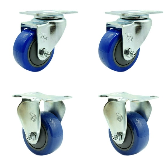 3.5 Inch Blue Polyurethane Wheel Swivel Top Plate Caster Set with 2 Rigid SCC
