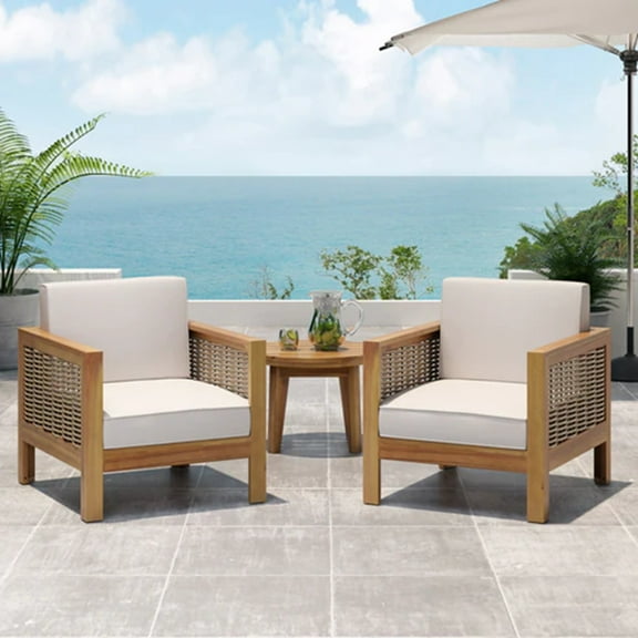 CoSoTower Set of 2, Outdoor Acacia Wood Club Chair with Wicker Accents, Teak Finish   Mixed Brown   Beige, 30.25"D X 27.5"W X 23.75"H