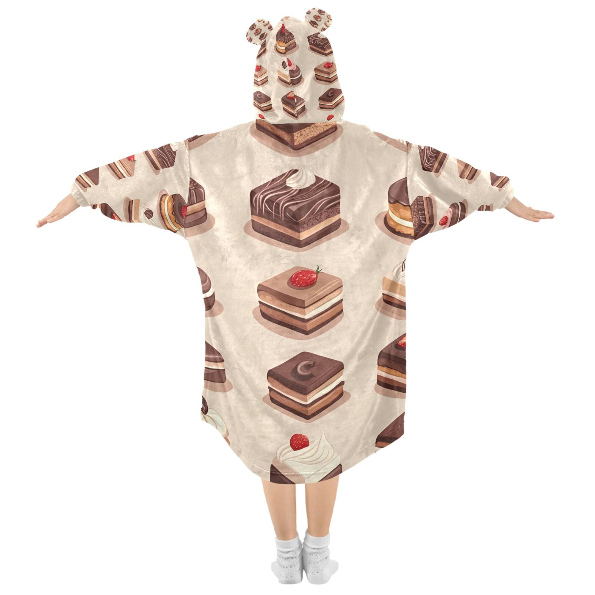 FORMRS Wearable Blanket Hoodie with Sleeves for Kids Cozy Flannel Sweatshirt, Pink Cakes