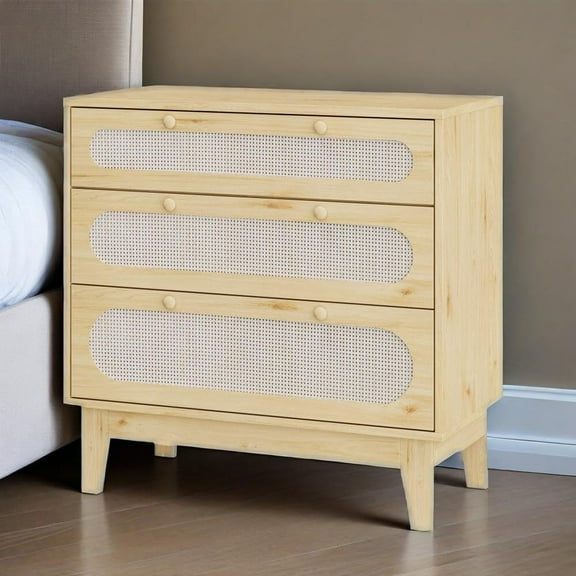 Yellow 3 Drawer Dresser 31 inch Tall Rattan Chest of Drawers Modern Wood Storage Cabinet for Bedroom Living Room Closet Organizer Wood Color