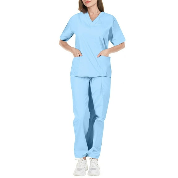 Scrubs for Women Set Nursing Uniform Soft Solid Stretch Scrub Tops and Long Pants Workwear with Pockets Light Blue XL