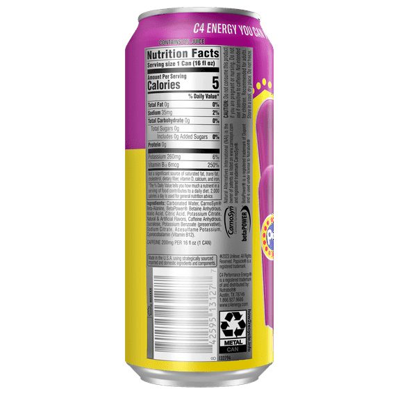 C4 Performance Energy Drink, Grape Popsicle, 16oz, 12 Pack Cans