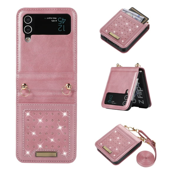 Galaxy Z Flip 3 Case with Shoulder Strap Lanyard, Allytech Glitter PU Leather Card Holder Pocket Removable Crossbody Strap RFID Blocking Case for Samsung Galaxy Z Flip 3 5G 2021, Pink