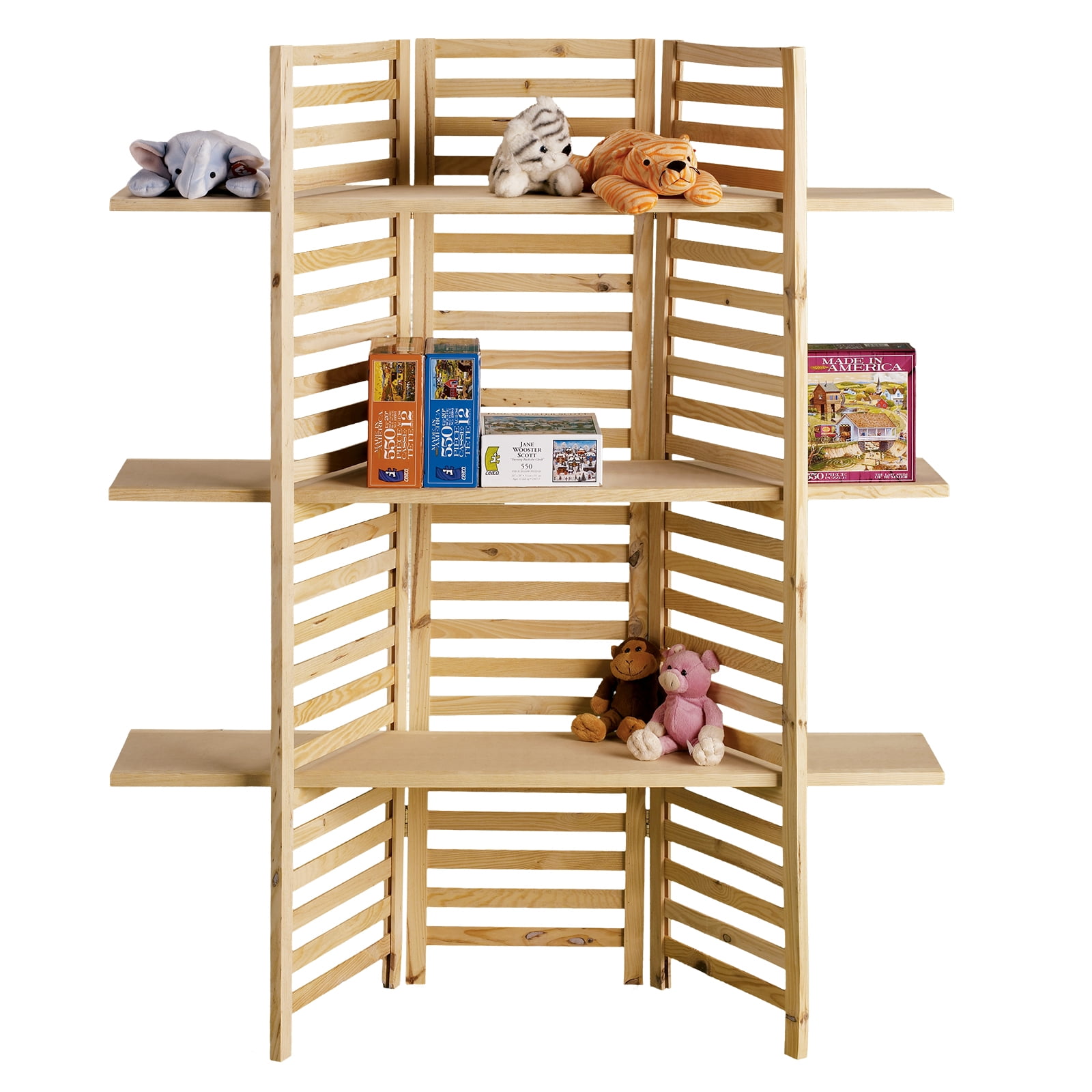 SSWBasics 3-Panel Wood Display With 3 Shelves - Unit Can Be Stained Or Painted - Great for a Wide Range of Merchandise from Housewares  Clothing and Beverages - Natural Pine