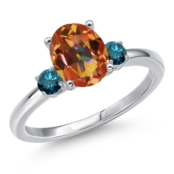 Gem Stone King 14K White Gold Ecstasy Mystic Topaz and Blue Diamond Engagement Ring for Women | 2.20 Cttw | Oval 9X7MM | Gemstone November Birthstone | Size 7