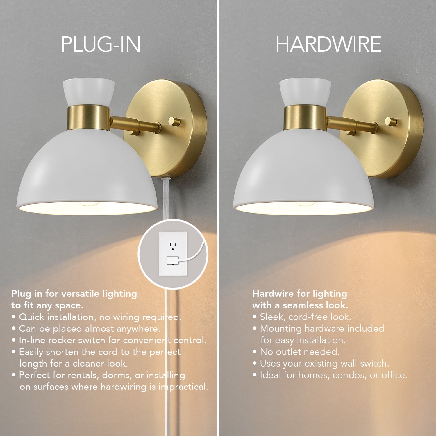 Globe Electric 1-Light Matte Brass Plug-in or Hardwire Indoor Wall Sconce with White Pivoting Shade