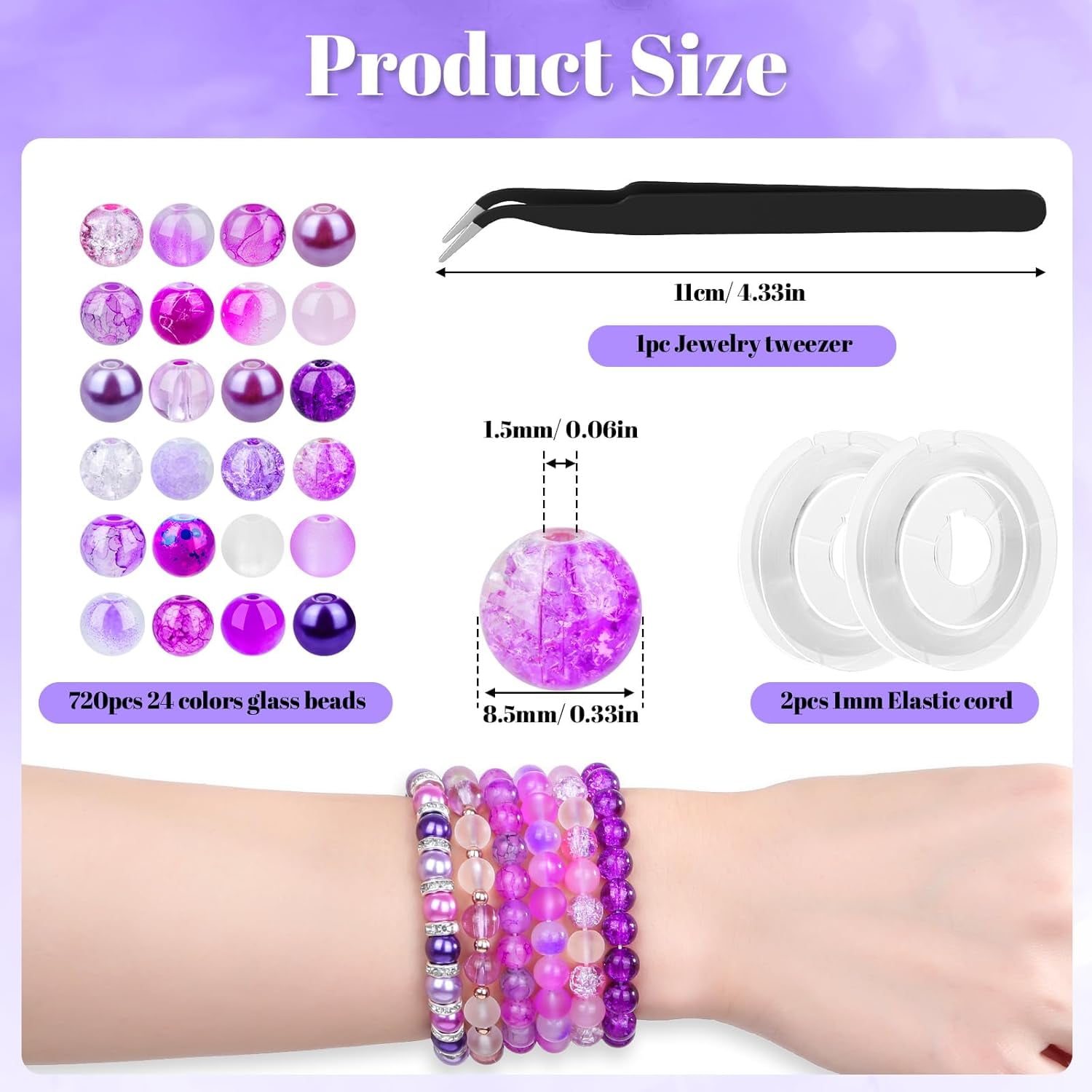 720pcs Glass Beads for Jewelry Making 8mm, 24 Colors Bead Bracelet Making Kit Purple Round Loose Beads for Bracelet Earring Necklace Jewelry Making Supplies