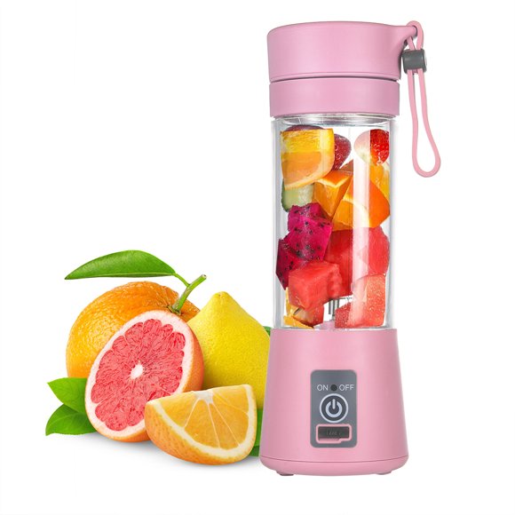 Presse-agrumes Multifonctions USB Rechargeable Mélangeur de Jus Presse-Fruits Portable avec 2 Lames Tranchantes, Adapté pour la Cuisine, le Camping et le Voyage, 380mL, Rose