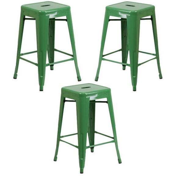 Home Square 24" Metal Backless Counter Stool in Green - Set of 3