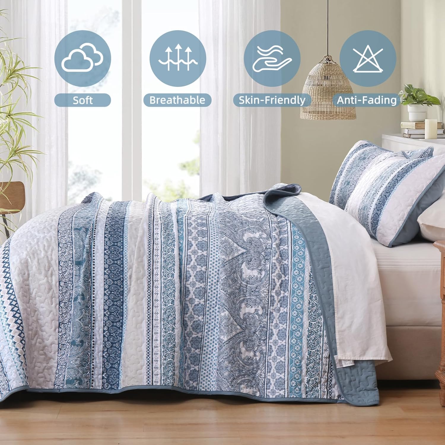 Boho Quilt Set Queen Size, Light Blue Bohemian 3 Pieces Quilt Sets, Lightweight Summer Bedspread Coverlet Bedding Set for All Season (96"x90")