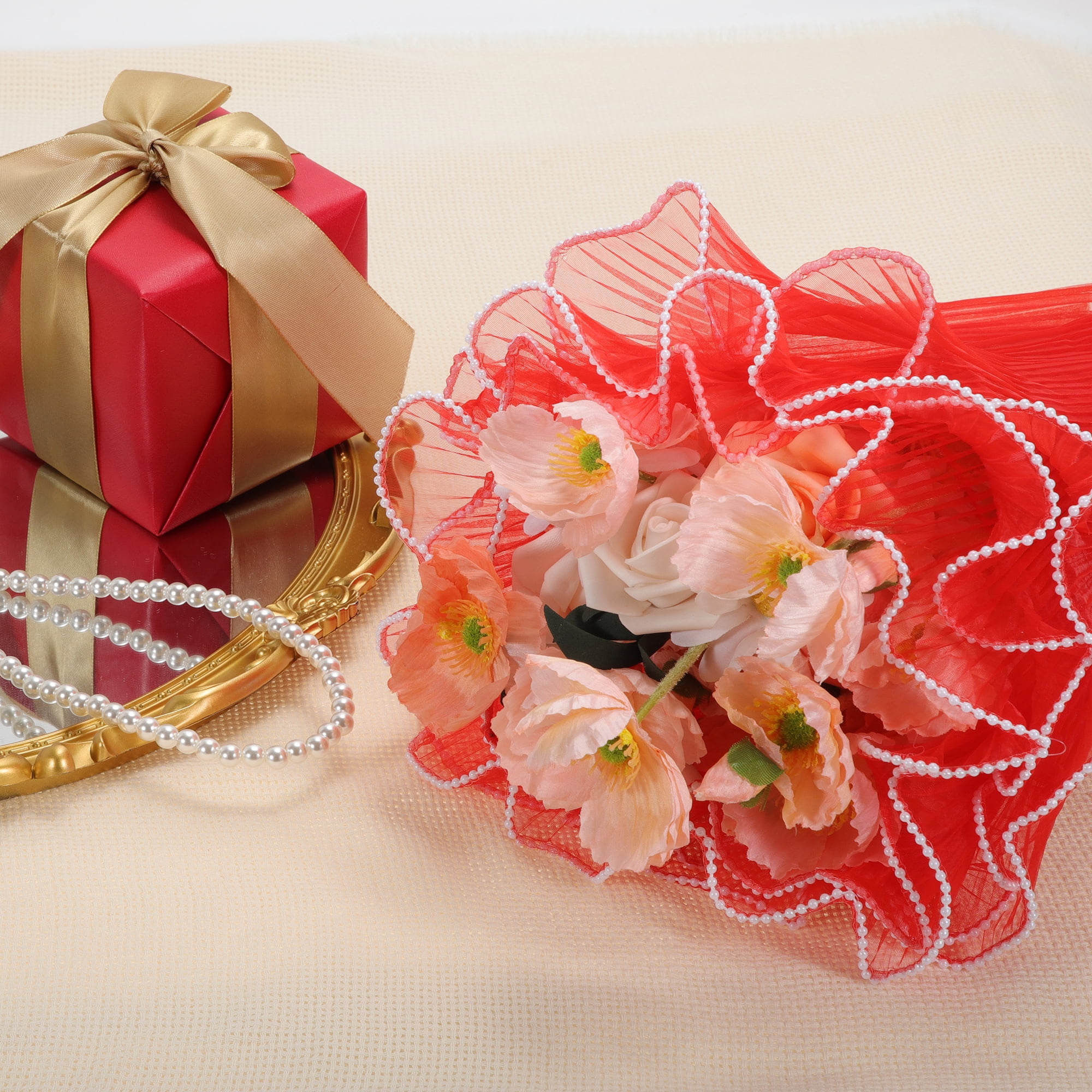 Unique Bargains Faux Pearl Edge Flower Wrap Paper for All Occasions 1 Pc Red