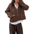 thumbnail image 2 of Women Chunky Knit Open Front Sweater Long Sleeve Button Loose Short Cardigan Outerwear Coats Brown L, 2 of 9