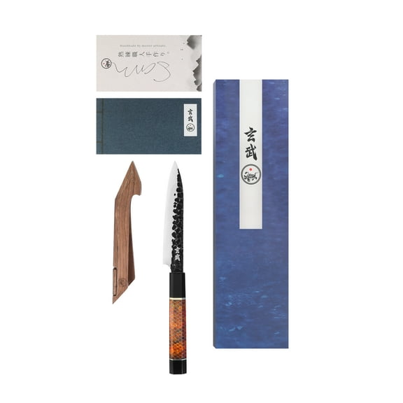 Concord Genbu Traditional Japanese Chef's Knife Raw Hammered Double Beveled 9CR18MOV Blade w/ 60 HRC. Tortoise Shell Resin Handle. Comes with Magnetic Magnolia Wood Sheath with Stand. (5" Honesuki)