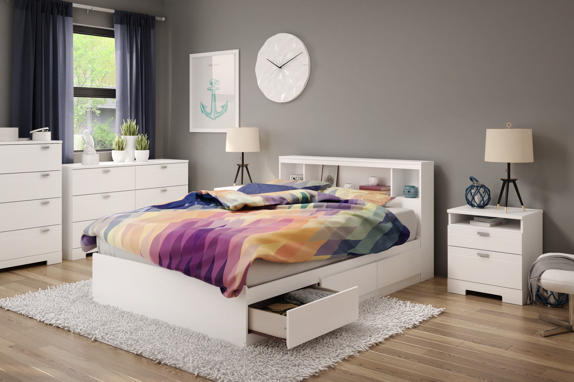 South Shore Reevo Mates Bed with Bookcase Headboard, Full Size, Pure White
