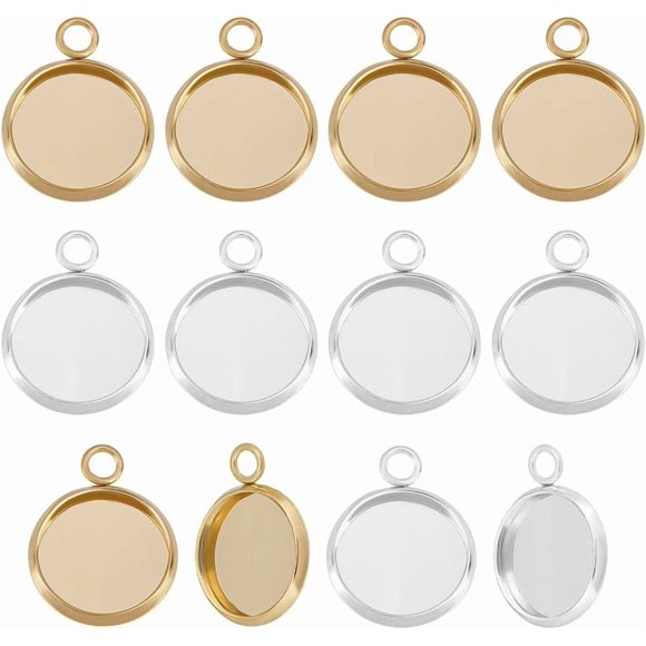 1 Box 40Pcs Blank Bezel Charms 24K Gold & Sterling Silver Plated 304 Stainless Steel Round 12mm Pendant Cabochon Settings for Jewelry Making Cameo Photo