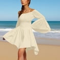 thumbnail image 5 of Laqbezok Women's Off Shoulder Bell Sleeve Dress, Casual Smocked Waist Solid Mini Dress, Flowy Flare Long Sleeve Boho Party Outfit, 5 of 9