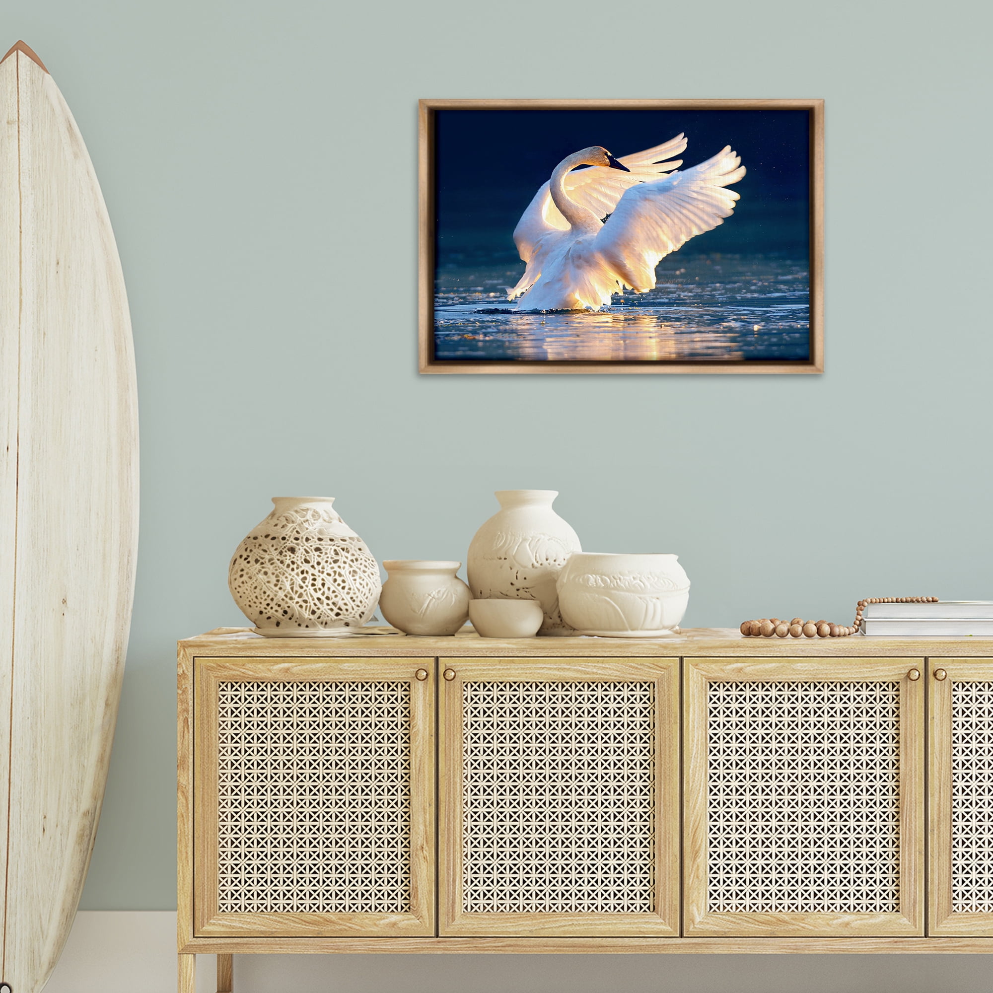 Stupell Industries Sunset Symphony Swan Animals Photography Brown Floater Framed Canvas Art Print Wall Art, 31 x 21