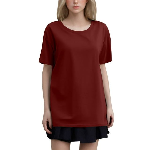 T-Shirt Mode Femme Col Rond Grande Taille Manches Courtes Couleur Unie - Tissu Entretien Facile