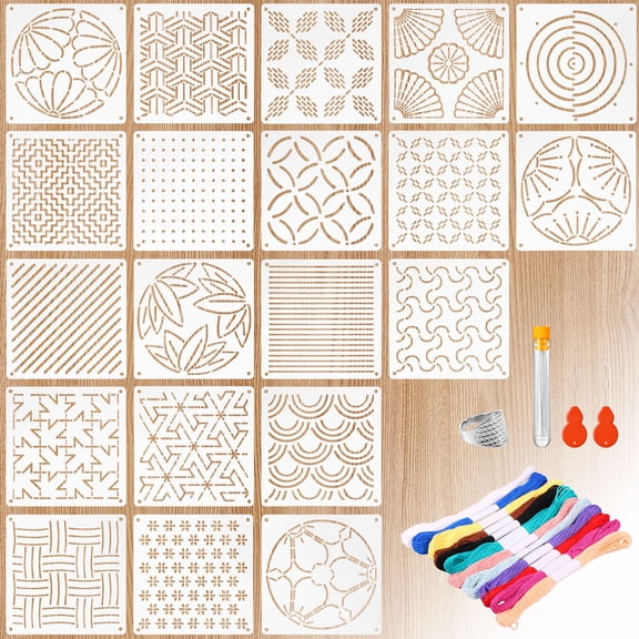 60 Pcs Sashiko Kit with Reusable PET Stencils,Geometric Stitching Templates for Embroidery Sewing Mending,5.12 x 5.12 inches