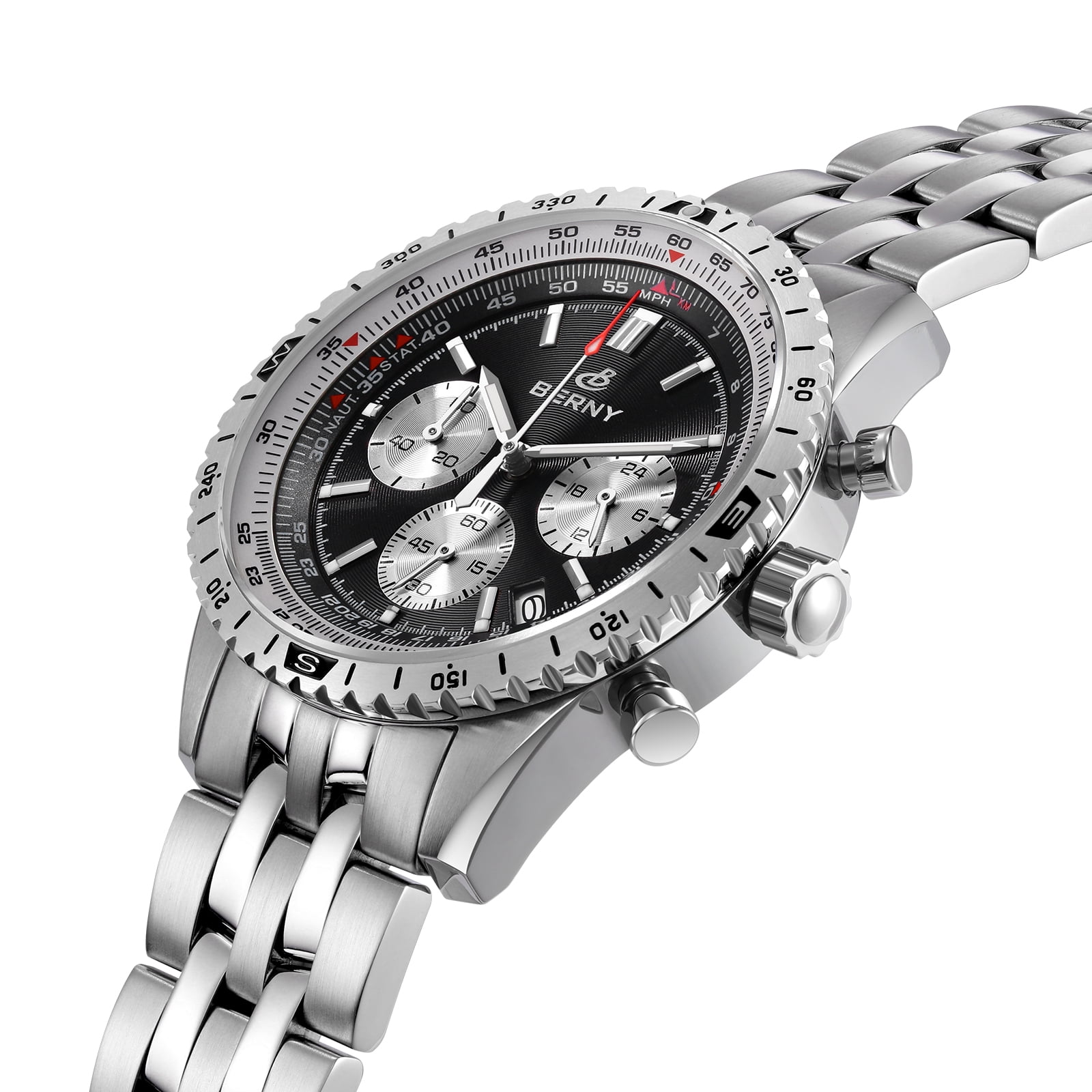 BERNY Silver Chronograph Watches for Men, Sport Luxury Analog Quartz Watch with Tachymeter, Stainless Steel, Waterproof, Luminous, Sapphire Crystal, Date Calender, Men's Wristwatch (Black)