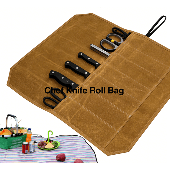 Professional Chef Knife Roll Bag - Waxed Canvas Travel Case with 7 Tool Slots & Zippered Pocket | Holds 15" Knives | 56x44cm Size | Khaki or Army Green | Slim-Fit Design for Chefs & Culinary Students