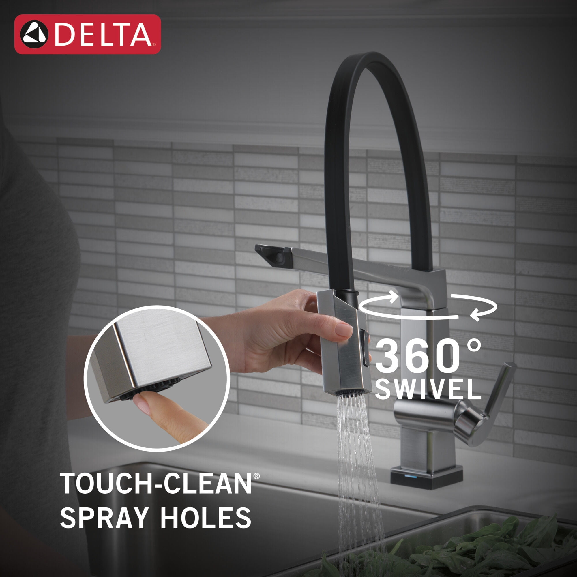 Delta Pivotal™ Single Handle Exposed Hose Kitchen Faucet with Touch2O Technology