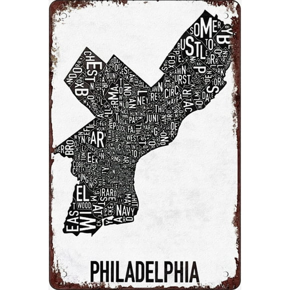 Interesting Metal Tin Sign Philadelphia Neighborhood Map Wall Decoration is Suitable for bar Living Room Bedroom Coffee Shop Garage, Indoor and Outdoor 12x8 inches