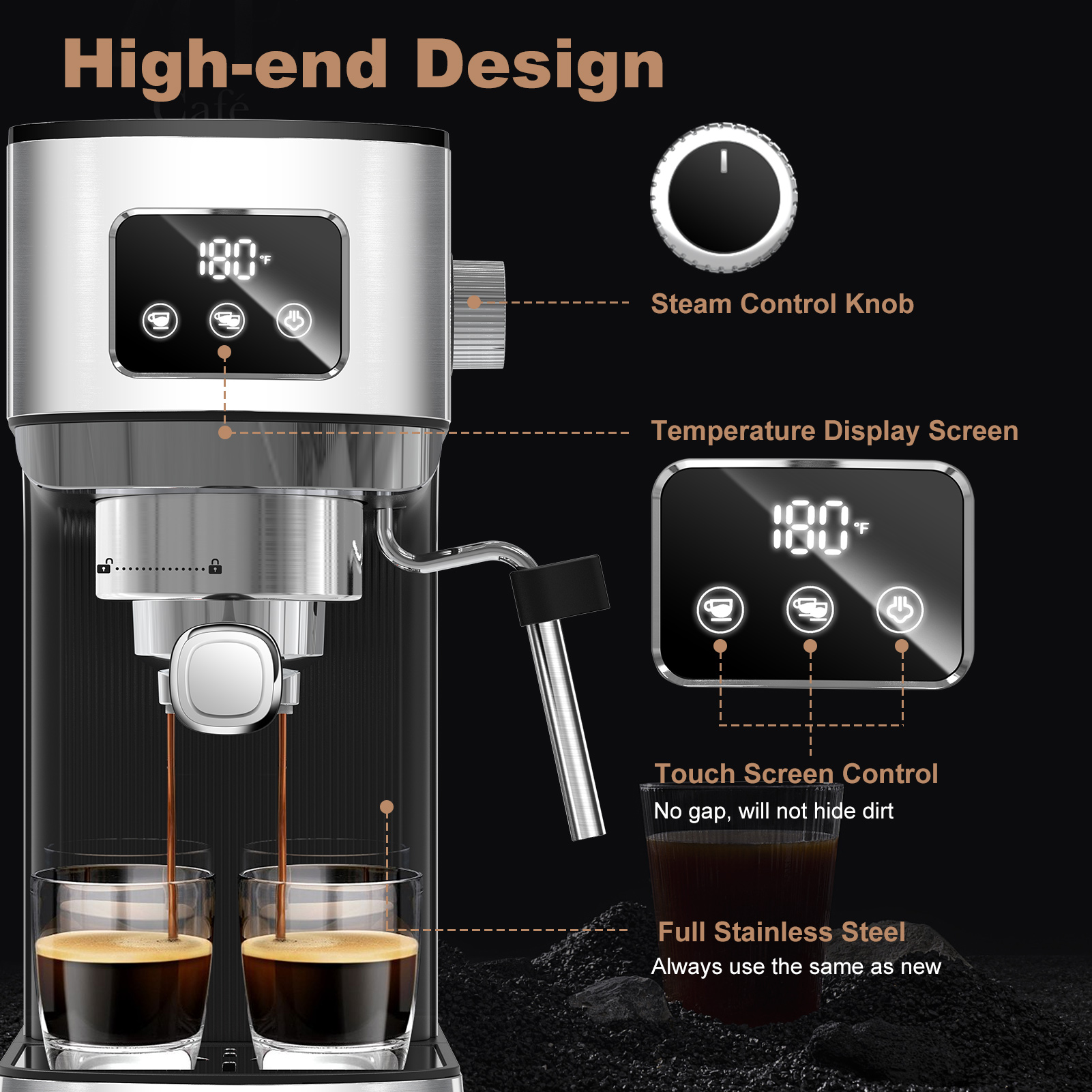 Fully Automatic Espresso Machine, SEGMART 20 Bar Stainless Steel Automatic Coffee Maker with Automatic Cleaning Function, 20 Cup Espresso, Americano, Long Coffee, Built-in Grinder, Black, SS1085