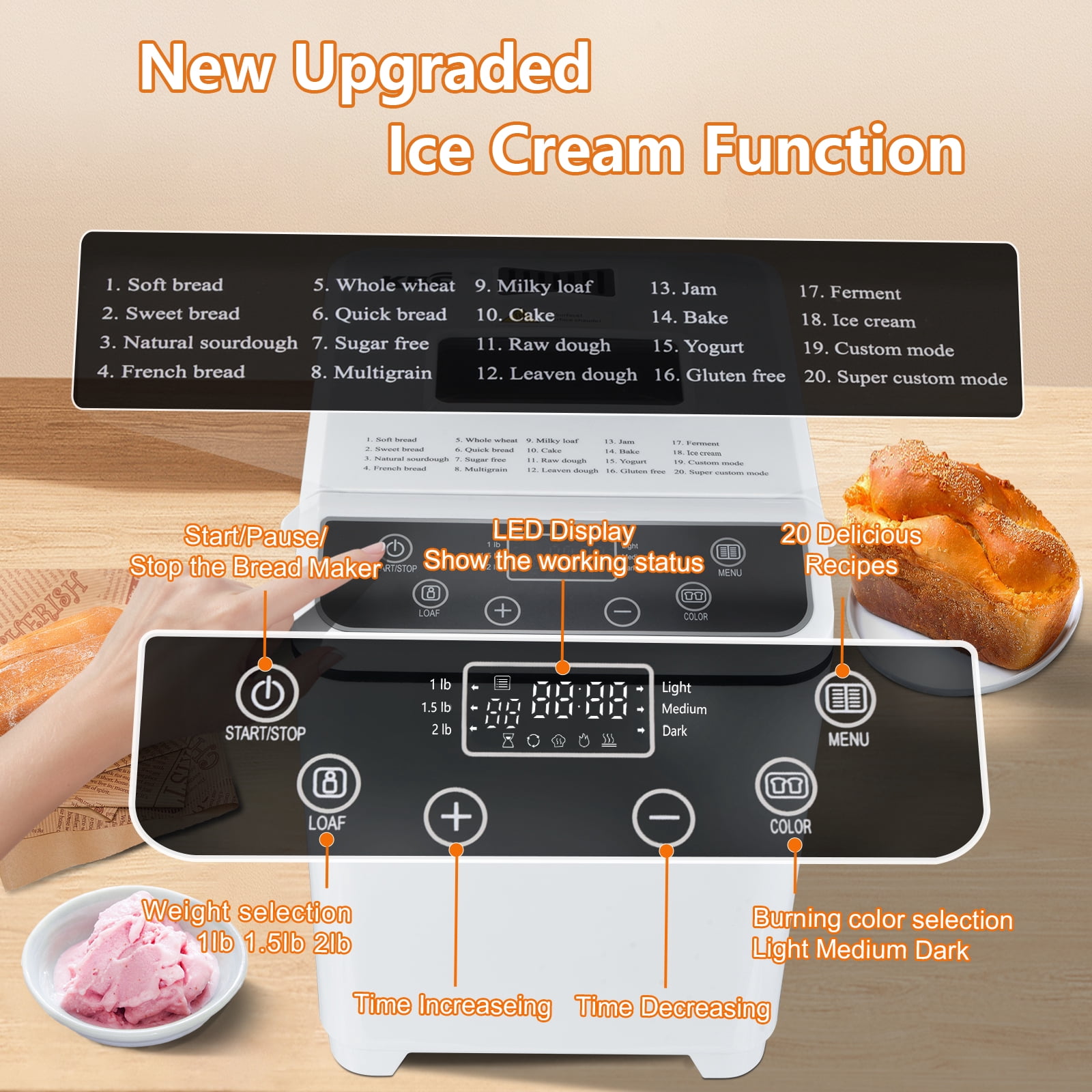 KBS  Bread Maker Machine with Ice cream program,20-in-1 2LB Fully automatic bread machine，DIY setting,15 Hour delay timer,White Model#070 Ice cream version