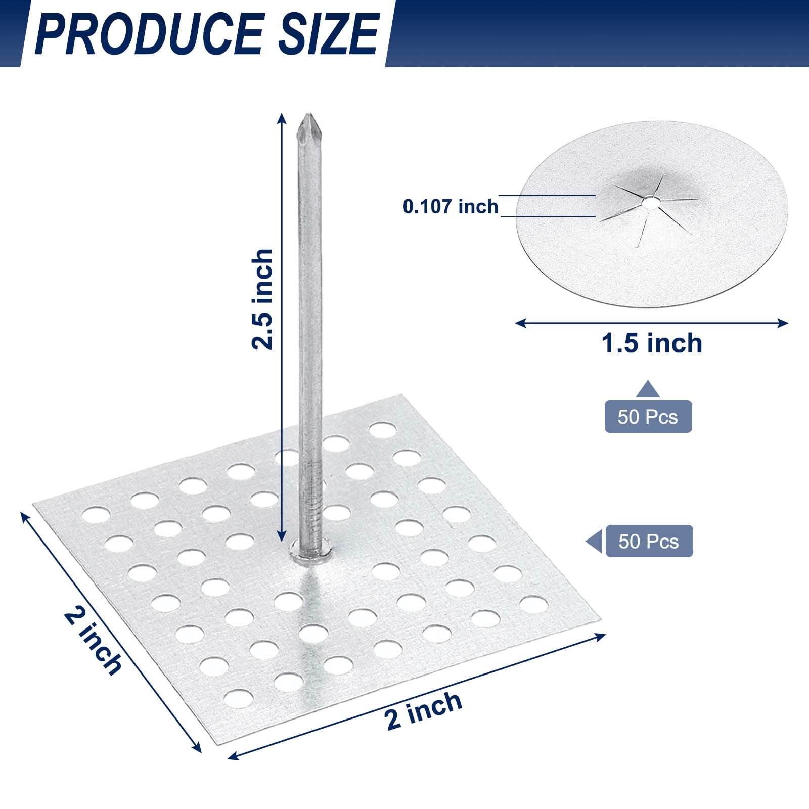 50pcs Perforated Insulation Pins 2-1/2 inch, 50pcs 1.5in Self Locking Washers Insulation Stick Pins Aluminum