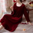 thumbnail image 2 of SWSMCLT Women's Long Sleeve Night Gown Velvet Sleep Dress Ruffle Crew Neck Mid-length Nightdress Pleated Burgundy Medium, 2 of 2