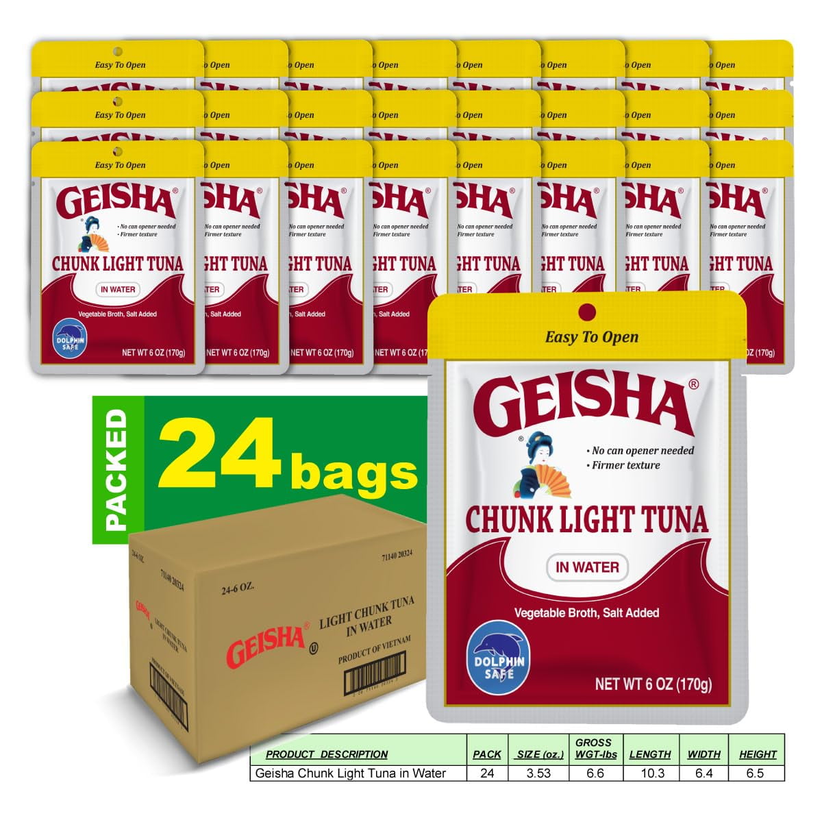 GEISHA Chunk Light Tuna in Water 6.00oz (Pack of 24), Tuna| HALAL & Kosher Certified – Gluten Free – Wild Caught – Dolphin Safe Catch – Good Source of Protein