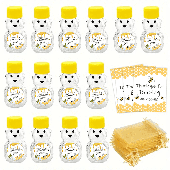 20 Sets Honey Bear Bottle Party Favors Pack - 2oz Empty Bear Shape Plastic Honey Jars with Yellow Lids, Gift Bags, Cards & Stickers, Ideal for Wedding, Baby Shower & Bee Party Gifts