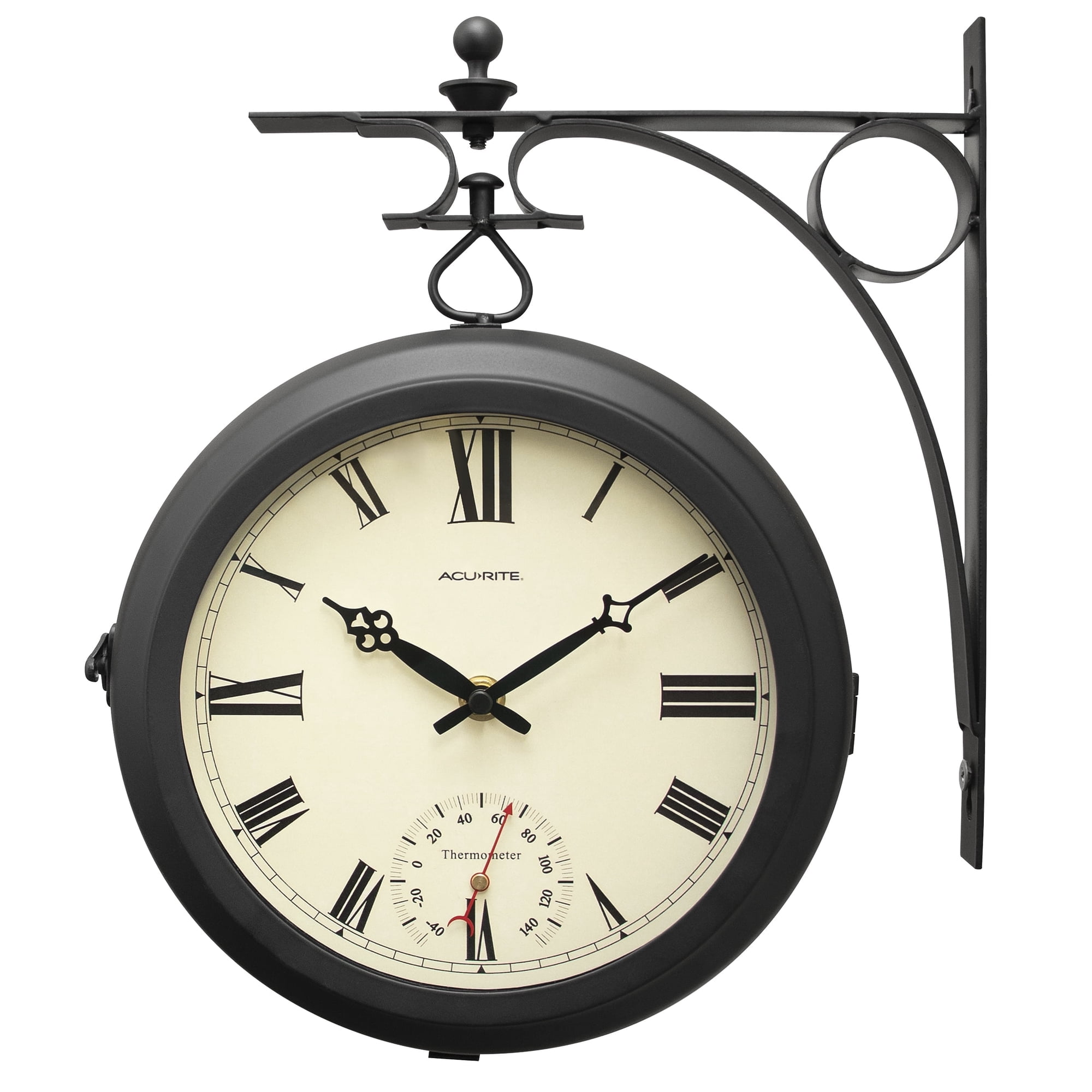 AcuRite 9-Inch Indoor/Outdoor Double-Sided Clock with 360-Degree Spin, Iron Metal Frame, Glass Lens, Quartz Crystal Movement, and Thermometer (75140M)