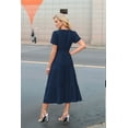 thumbnail image 3 of V-Neck Pleated Puff Sleeves Long-Sleeved Dress Navy Blue XL, 3 of 4