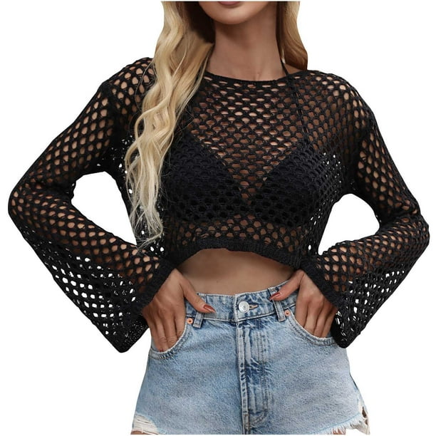 Women Sexy Casual Hollow Going Out Tops Long Sleeve Round Neck Knitted  Cutout Sweater Clubwear Crop Top (Small, Black) 
