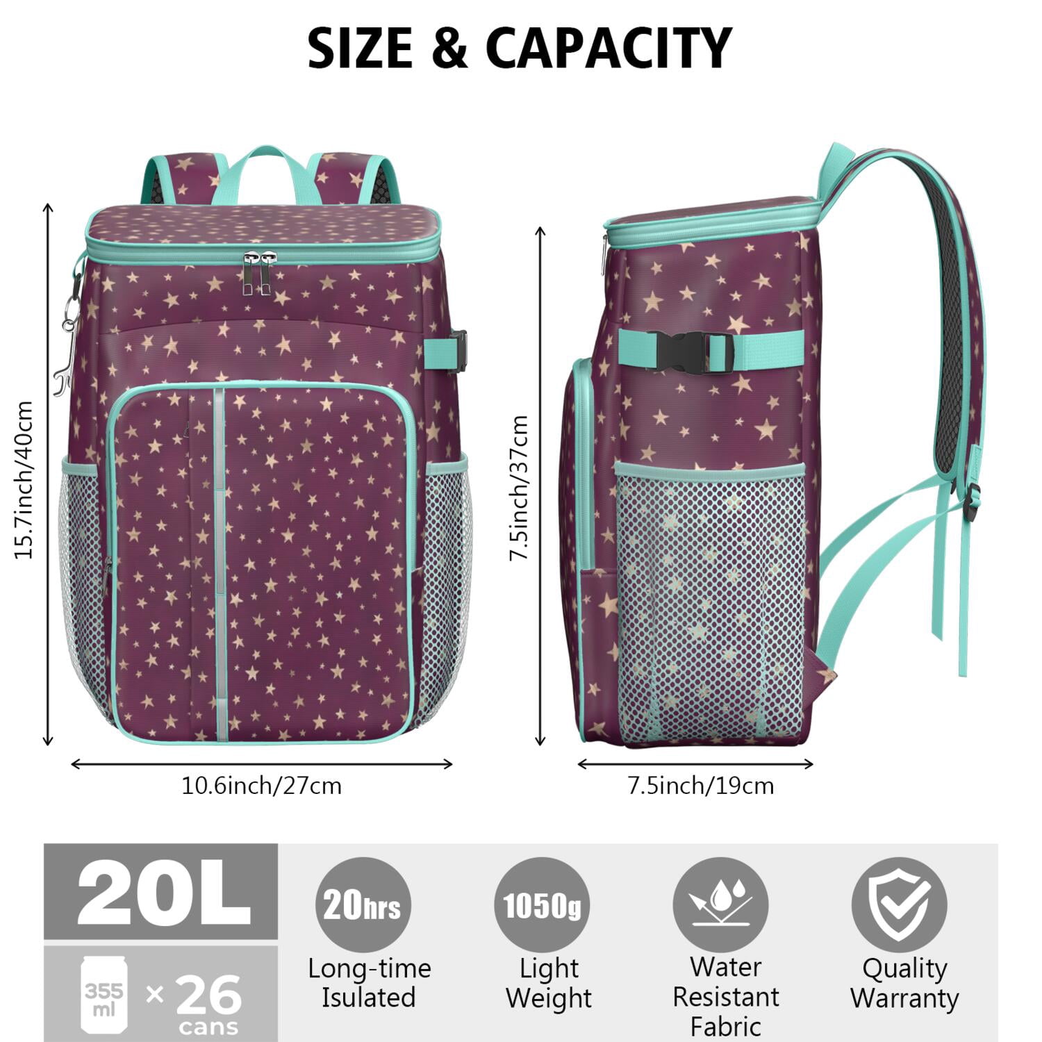 Travel Cooler Bag - Purple Christmas Star Pattern Camping Beer Cooler Backpack with Bottle Opener- Waterproof Insulated Picnic Backpacks - Cooler Bag for Beach