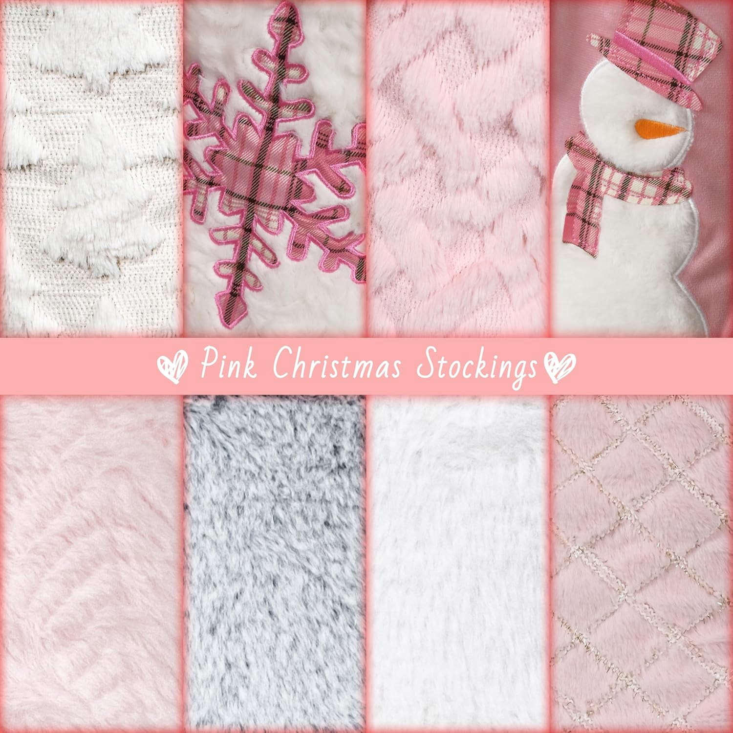 Miora Pink Plush Christmas Stockings, 20 Inch Holiday Hanging Decor Set of 6, Classic Plaid Fireplace Sacks