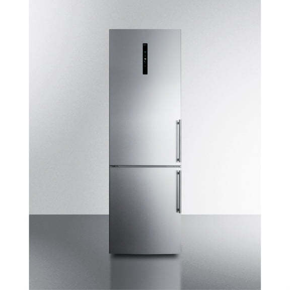 European counter depth bottom freezer refrigerator with stainless steel doors, platinum cabinet, factory installed icemaker, and digital controls for each section