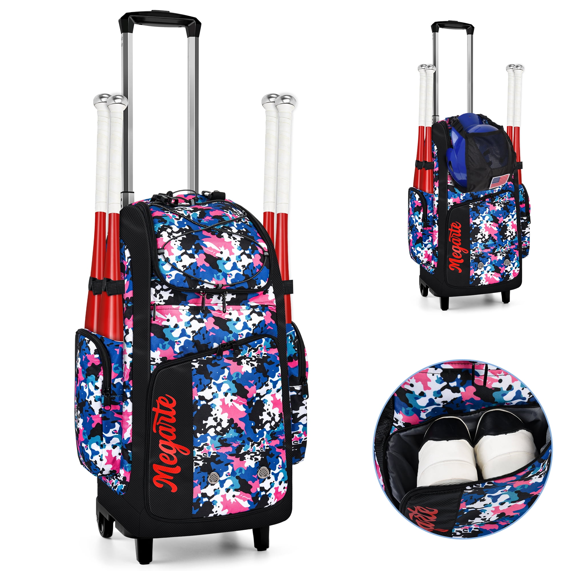 Rolling Baseball Bag With Wheels, 60L Baseball Backpack Softball Bag Holds 4 Bats With Helmet & Catcher Gear Storage and Independent Shoe Compartment, Wheeled Bat Equipment for Youth and Adults
