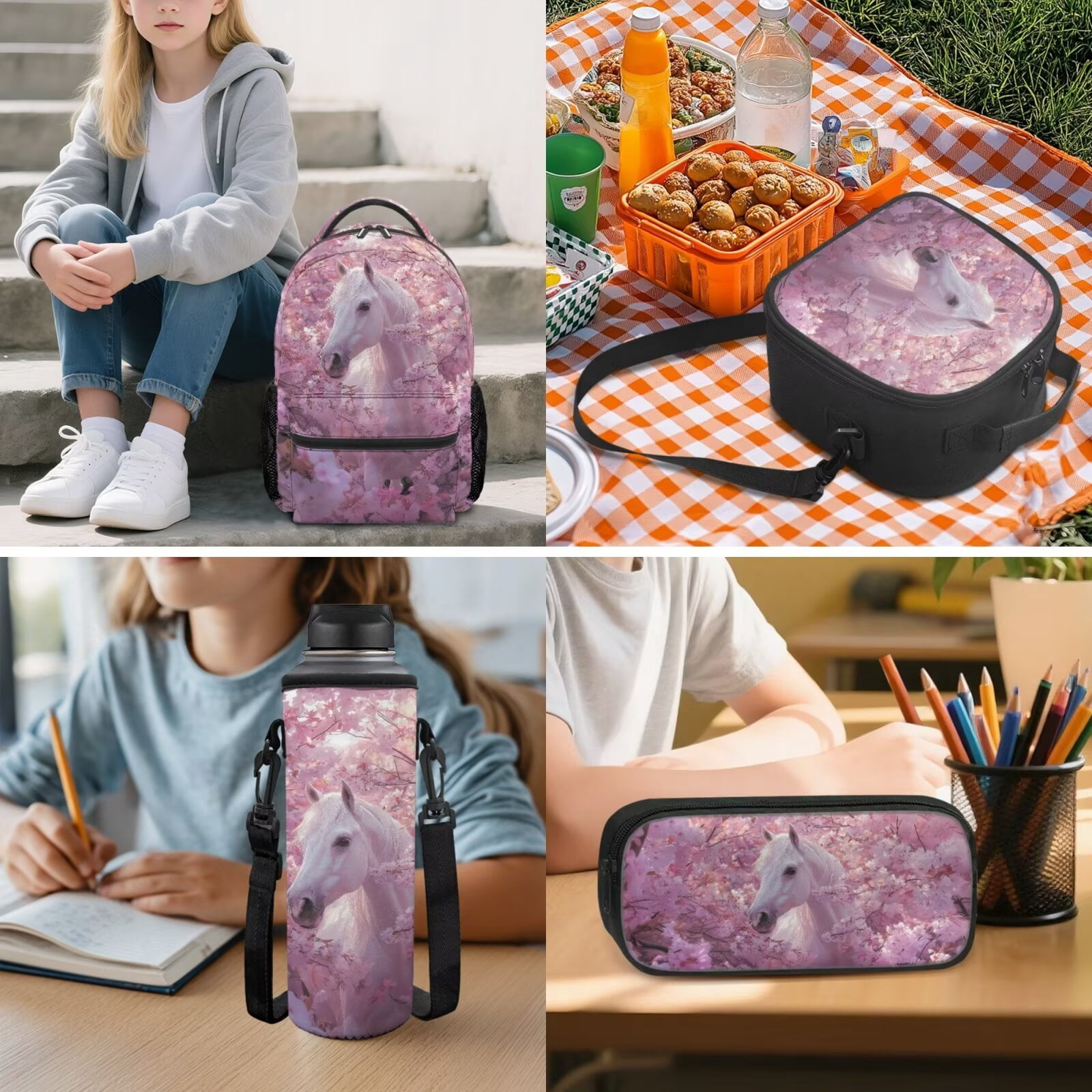 Pzuqiu Cherry Blossom Horse Backpack for Girls 8-10 Kids School Bag with Lunch Box Lightweight School Bookbag for Elementary School 5pcs Kids Backpack Travel Bag