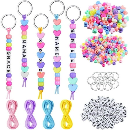 566 Pcs DIY Colorful Beaded Keychain Making Kit, Letter, Barrel, Heart Beads Craft Keyring with Metal Ring Clasp and Rope, for Decor Accessories