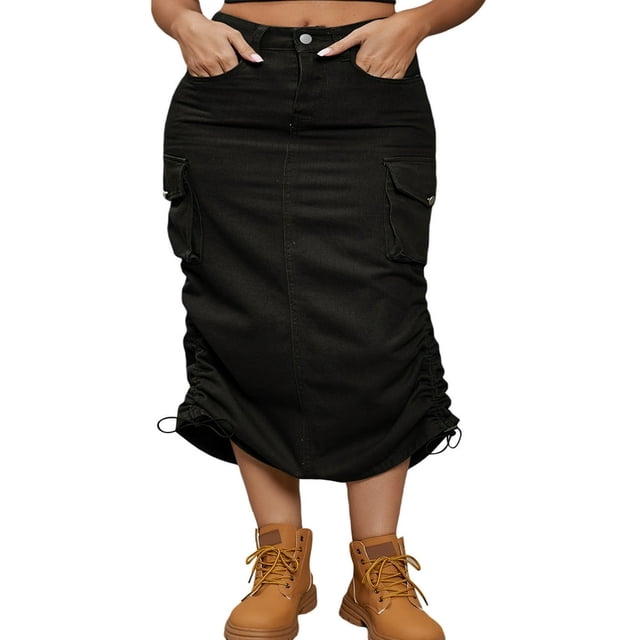 Long Jean Skirts with High Waist and Drawstring for Women Denim Cargo Skirts