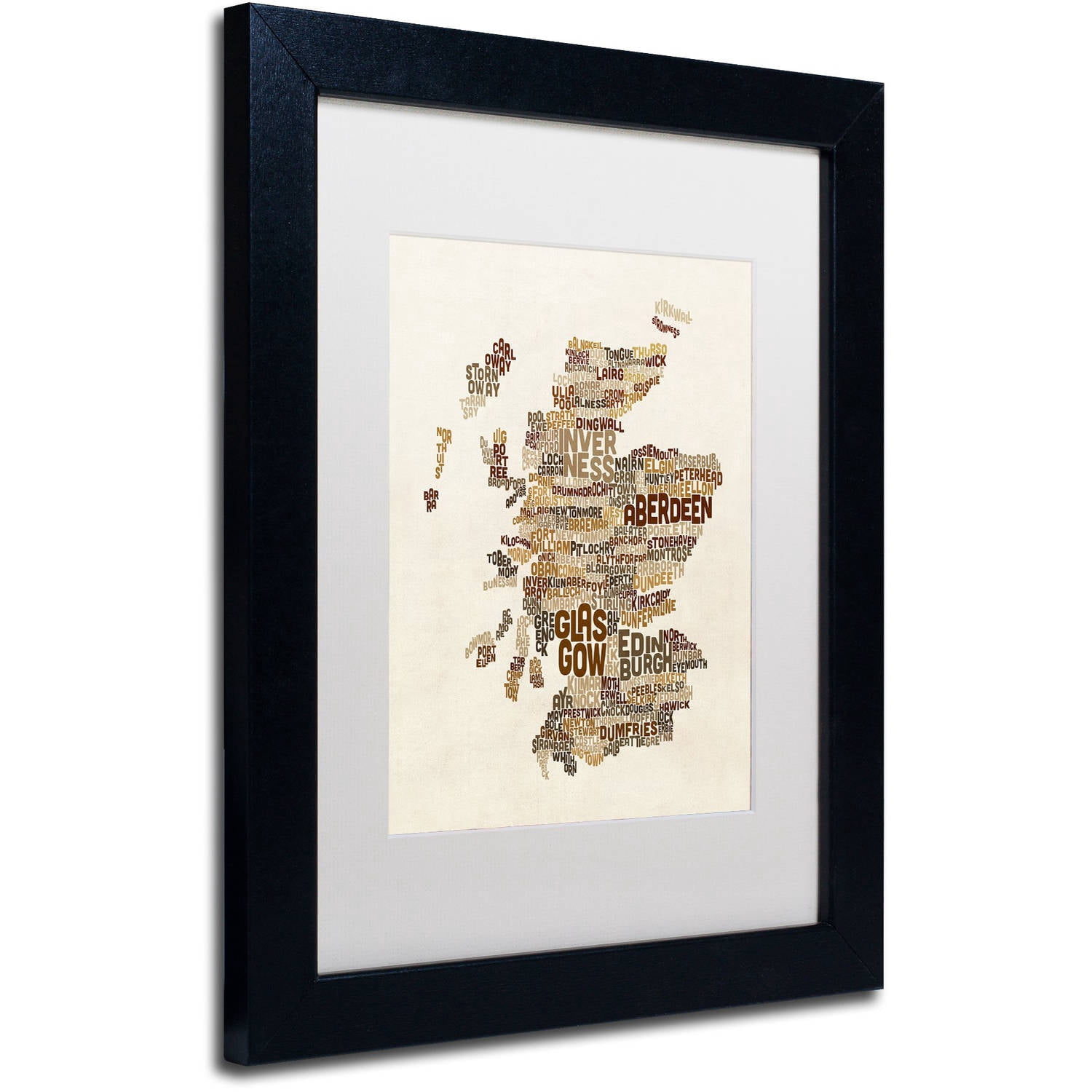 Trademark Fine Art "Scotland Typography Text Map 3" Canvas Art by Michael Tompsett, White Matte, Black Frame