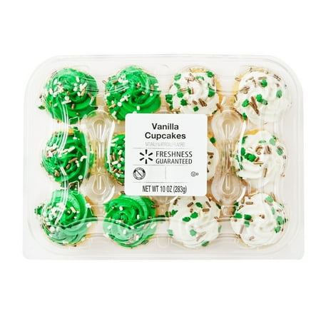 Freshness Guaranteed Vanilla Cupcakes, White & Green Icing, 10 oz, 12 Count
