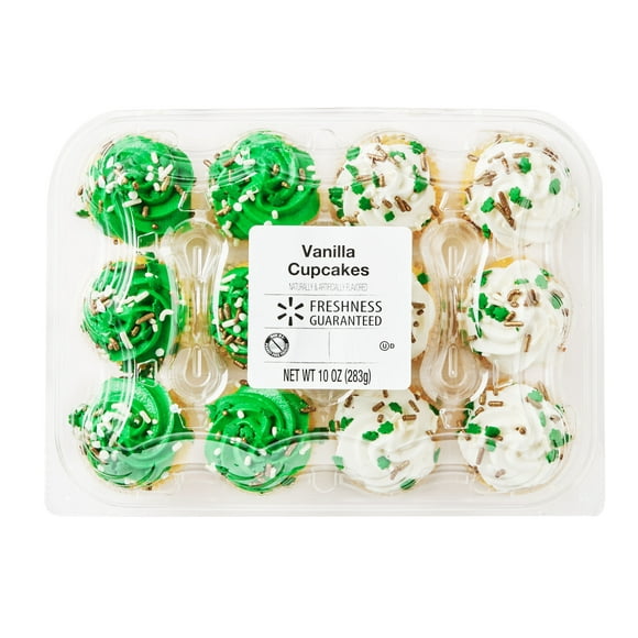 Walmart Freshness Guaranteed Vanilla Cupcakes, White & Green Icing, 10 oz, 12 Count