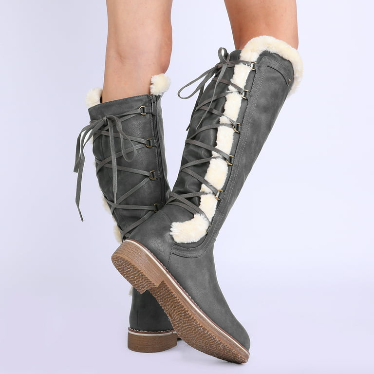 Dream Pairs Womens Knee High Faux Fur Lined Winter Snow Lace Up Zip Combat  Boots Buson Grey Size 10.5 - Walmart.Com