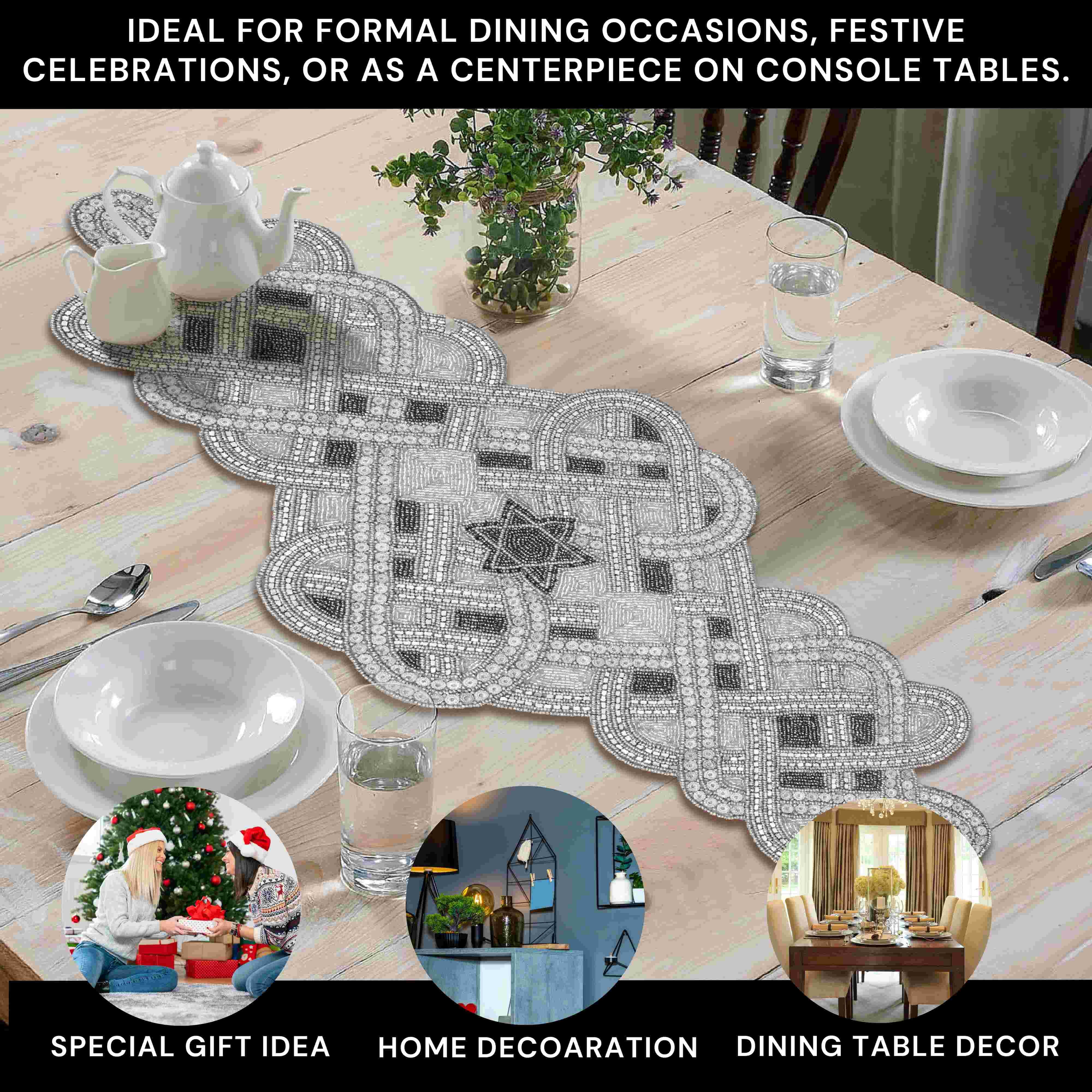 Handmade Floral Decorative Glass Beaded Table Runner for Table Decor - Grey & Silver (36x13in)