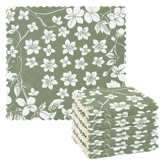 Olive Green with White Flowers Kitchen Cloth Dish Towels for Drying Washing Absorbent Dish Rags 6 Pack